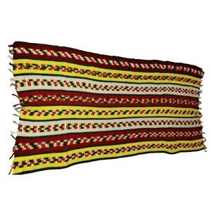 Vintage 70s Crochet Afghan 88 x 40" Red Green Yellow Striped Sofa Throw